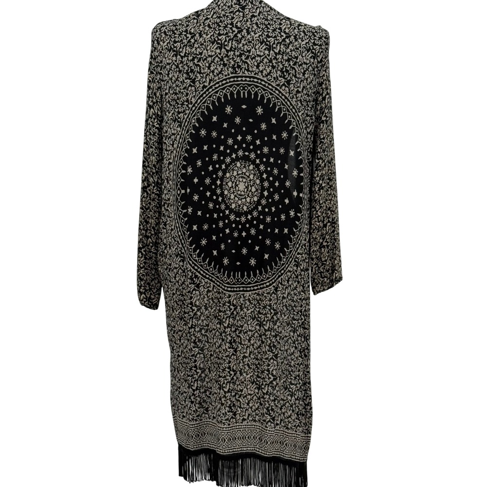 Mango Black and White Long Fringe Kimono Coat